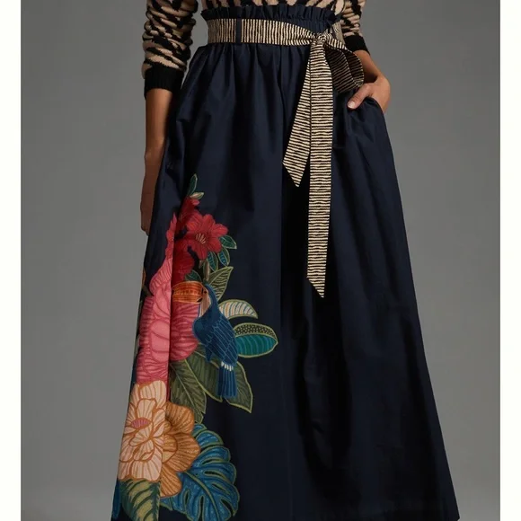 Anthropologie Farm Rio Tropical Maxi Skirt Floral Tie Bow Elastic  Blue Motif - Picture 2 of 8